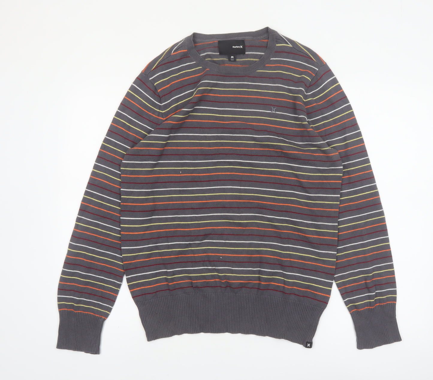 Hurley Men's Grey Striped Cotton Crew Neck Pullover Jumper M
