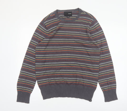 Hurley Men's Grey Striped Cotton Crew Neck Pullover Jumper M