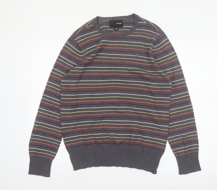 Hurley Men's Grey Striped Cotton Crew Neck Pullover Jumper M