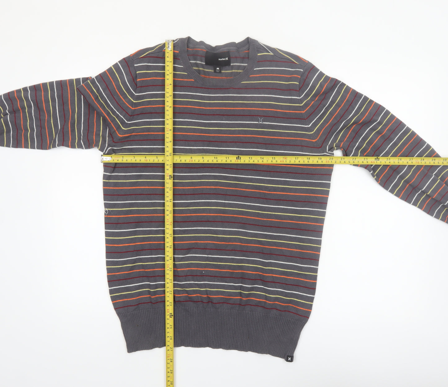 Hurley Men's Grey Striped Cotton Crew Neck Pullover Jumper M