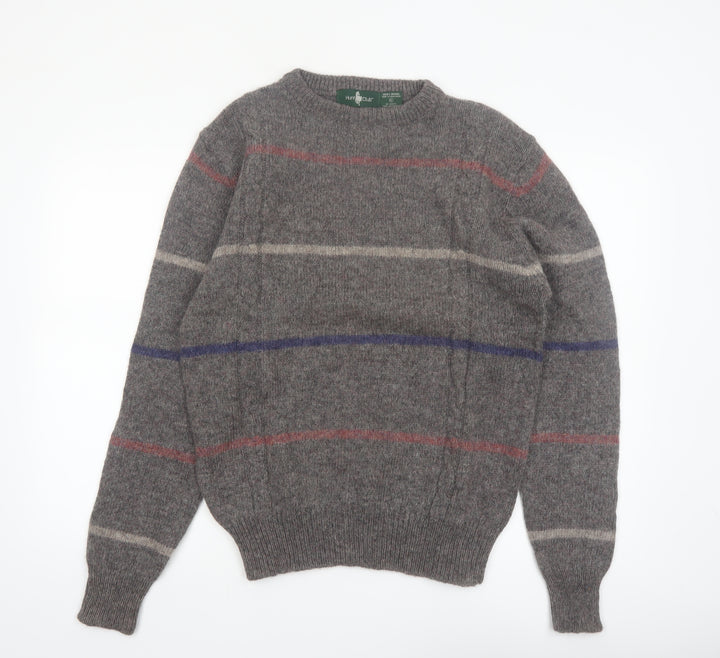 Hunt Club Men's Grey Wool Striped Crew Neck Jumper XL Vintage Pullover