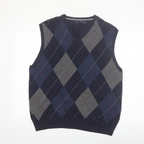 Nautica Men Blue Argyle Sleeveless Cotton Knit Vest L Classic V-Neck Jumper