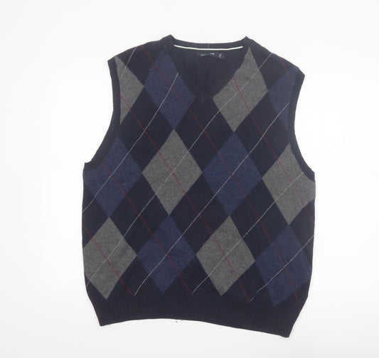 Nautica Men Blue Argyle Sleeveless Cotton Knit Vest L Classic V-Neck Jumper