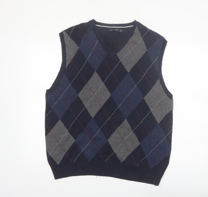 Nautica Men Blue Argyle Sleeveless Cotton Knit Vest L Classic V-Neck Jumper