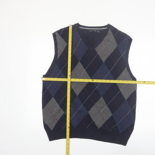 Nautica Men Blue Argyle Sleeveless Cotton Knit Vest L Classic V-Neck Jumper