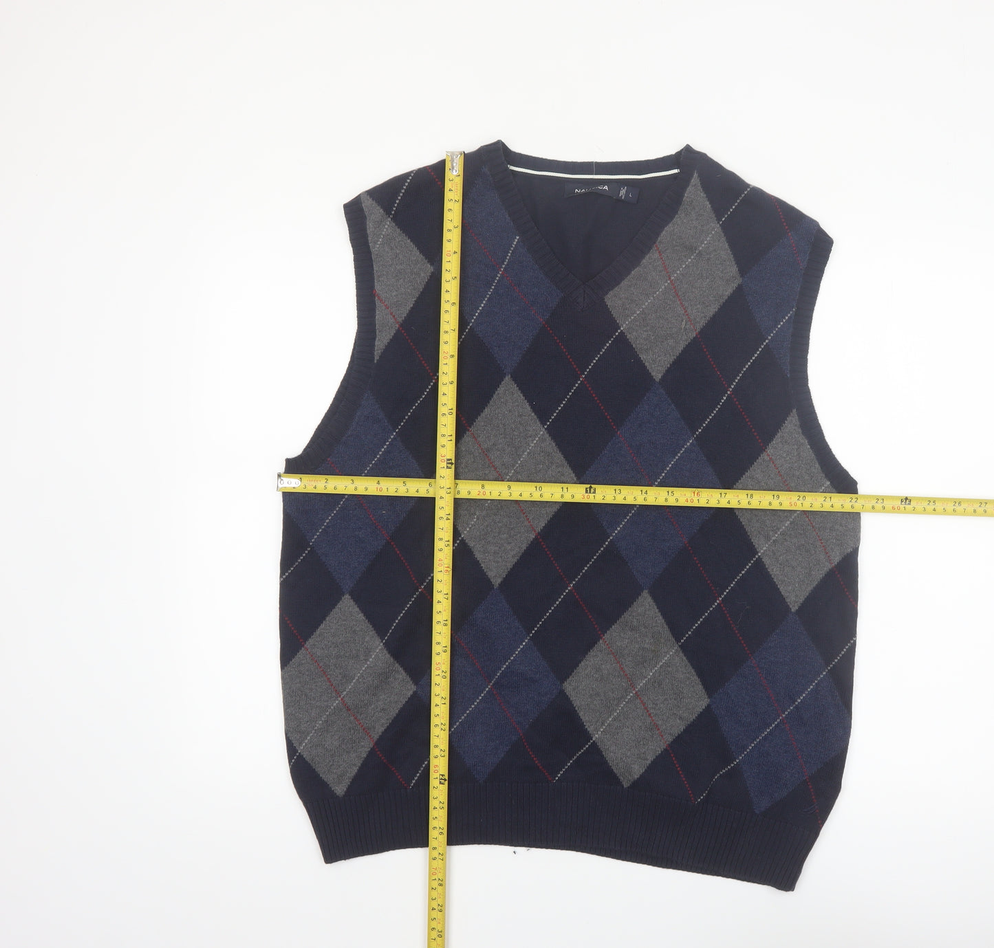 Nautica Men Blue Argyle Sleeveless Cotton Knit Vest L Classic V-Neck Jumper