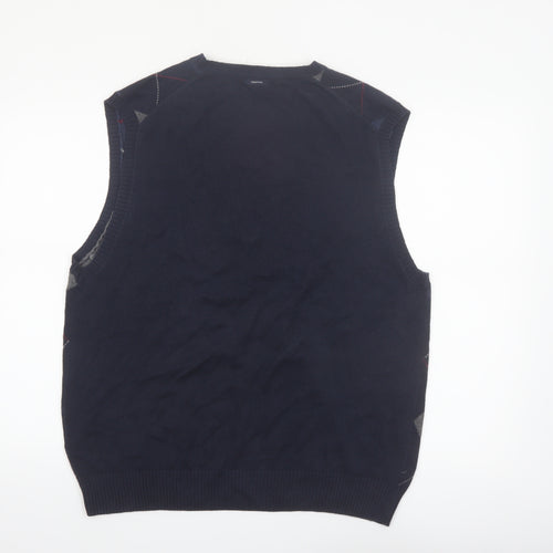 Nautica Men Blue Argyle Sleeveless Cotton Knit Vest L Classic V-Neck Jumper