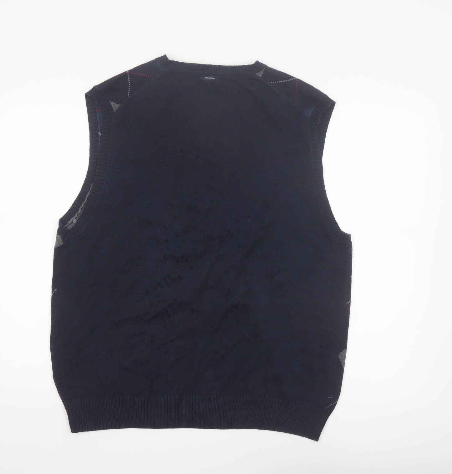Nautica Men Blue Argyle Sleeveless Cotton Knit Vest L Classic V-Neck Jumper