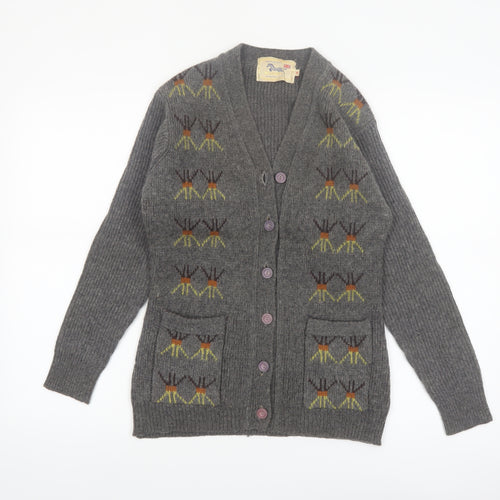 Golden Horse Women's Grey Wool Cardigan M V-Neck Geometric Vintage