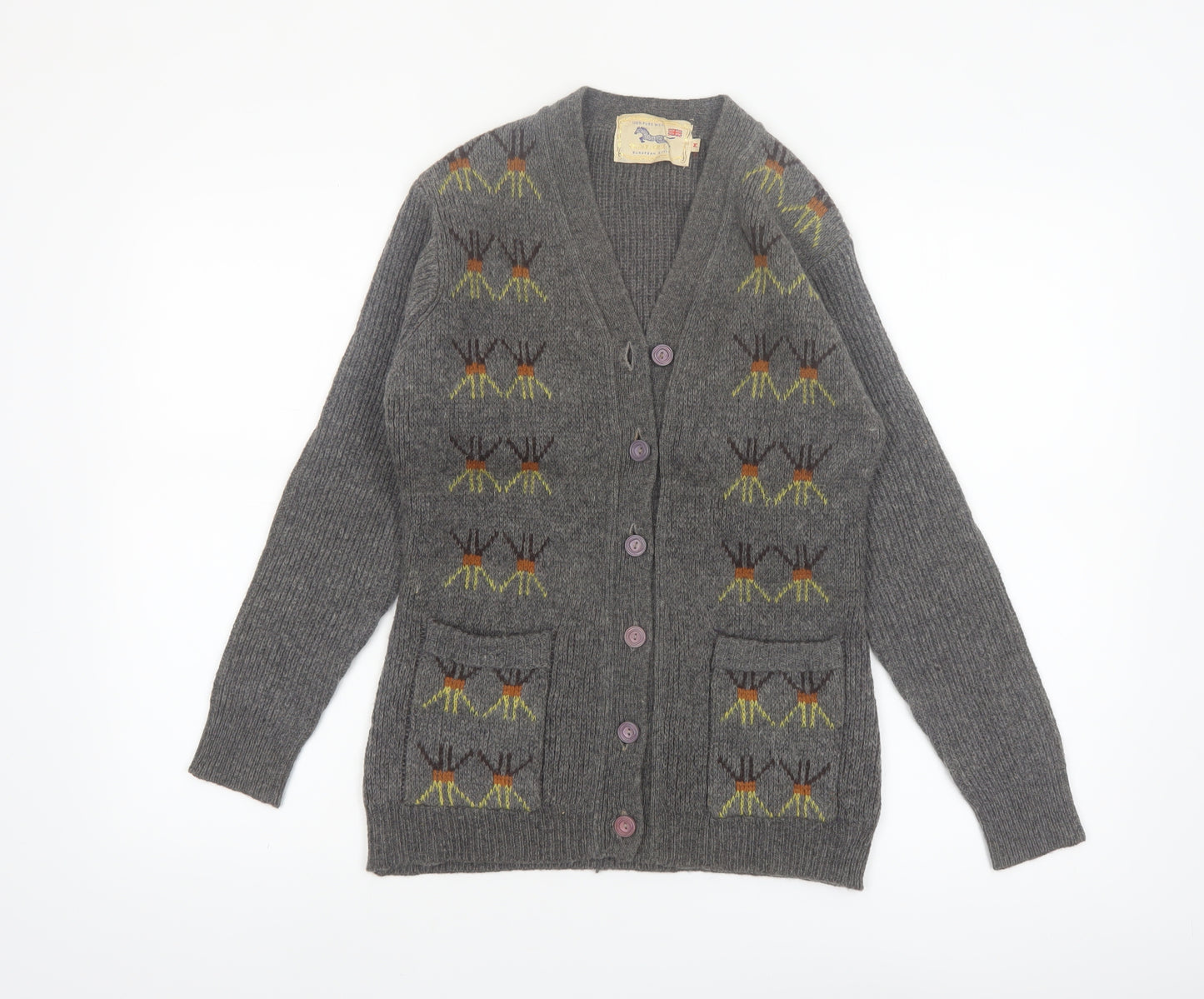 Golden Horse Women's Grey Wool Cardigan M V-Neck Geometric Vintage