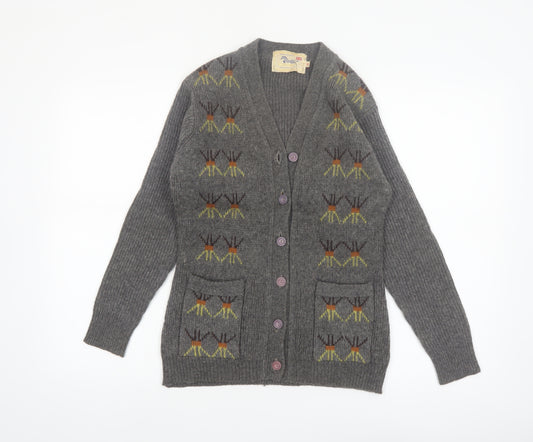 Golden Horse Women's Grey Wool Cardigan M V-Neck Geometric Vintage