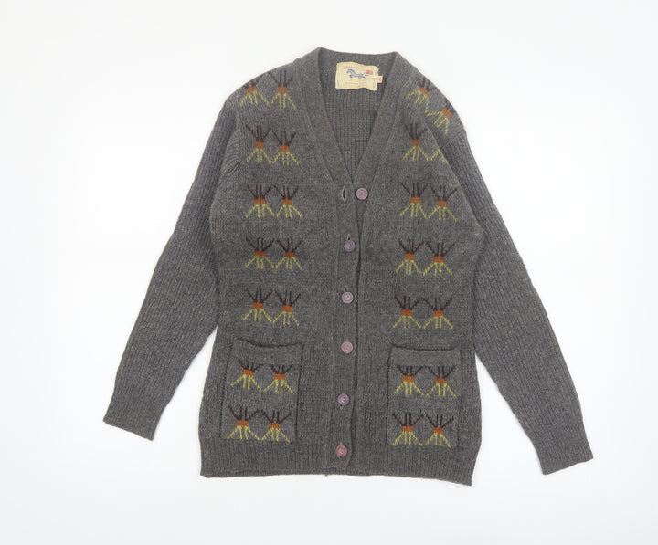 Golden Horse Women's Grey Wool Cardigan M V-Neck Geometric Vintage