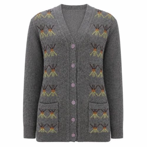 Golden Horse Women's Grey Wool Cardigan M V-Neck Geometric Vintage