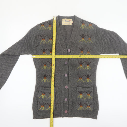Golden Horse Women's Grey Wool Cardigan M V-Neck Geometric Vintage
