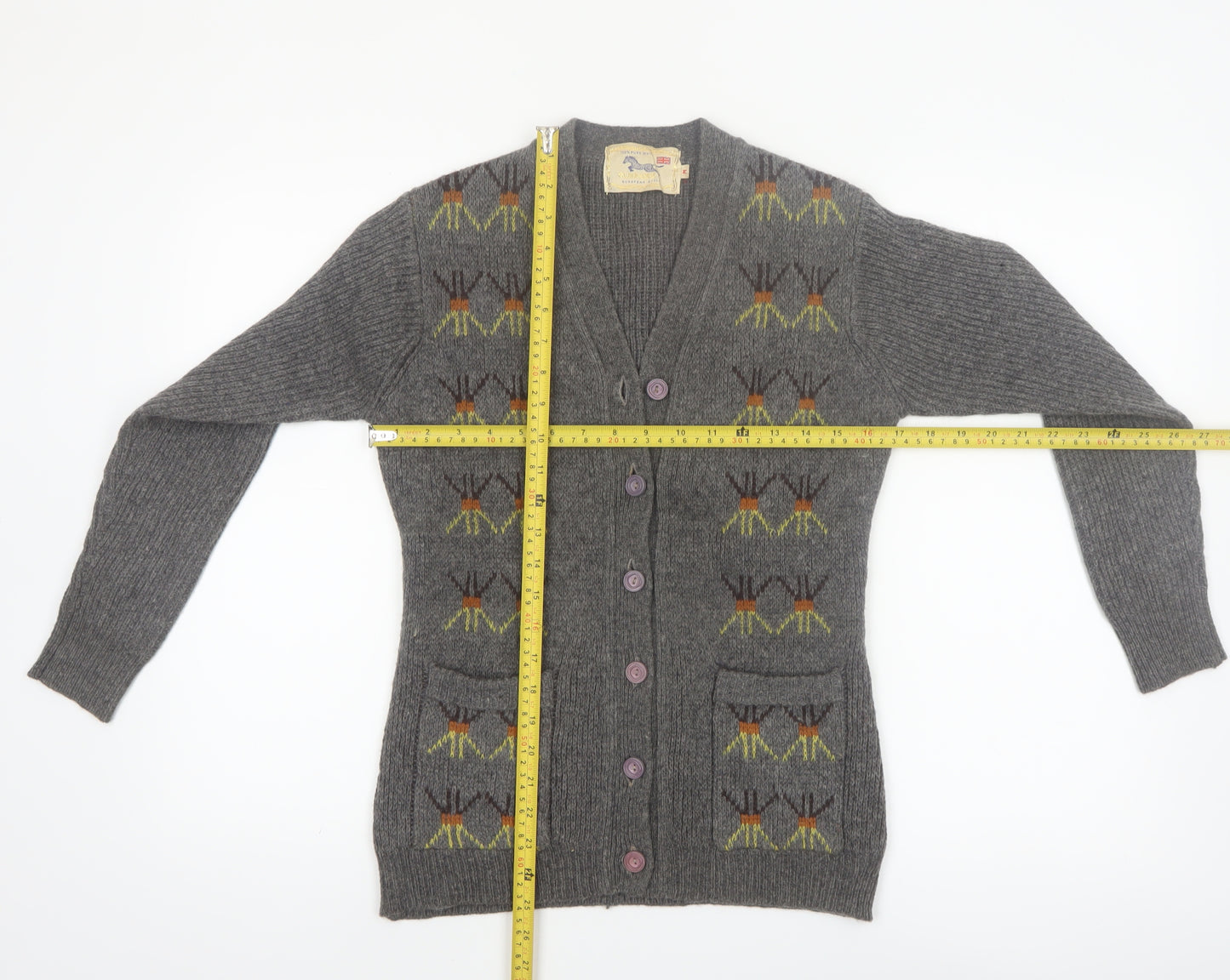 Golden Horse Women's Grey Wool Cardigan M V-Neck Geometric Vintage