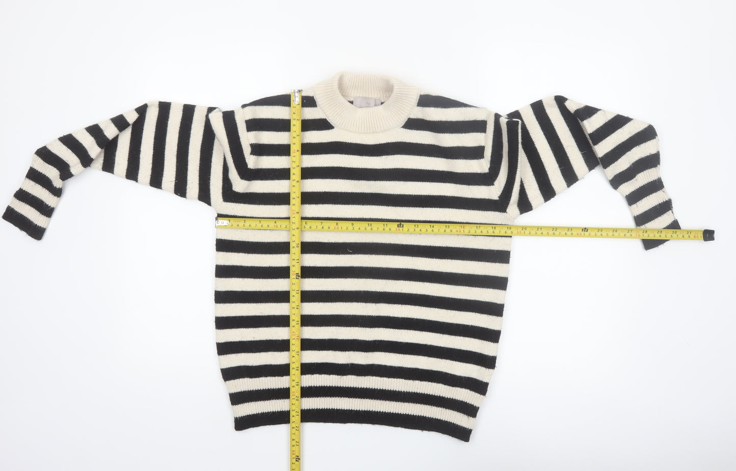 H&M Women's Black Striped Crew Neck Wool Blend Jumper Size S