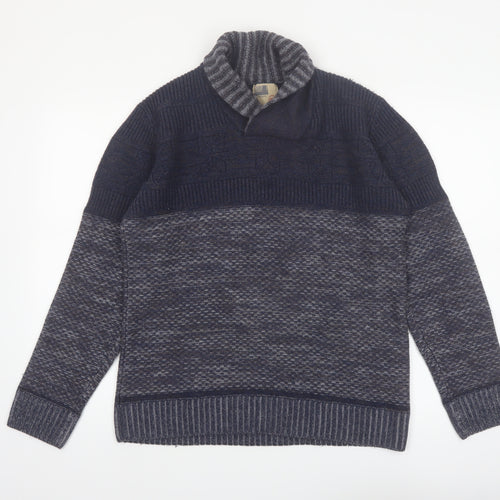 North Coast Men’s Blue Roll Neck Wool Blend Chunky Knit Pullover Jumper M