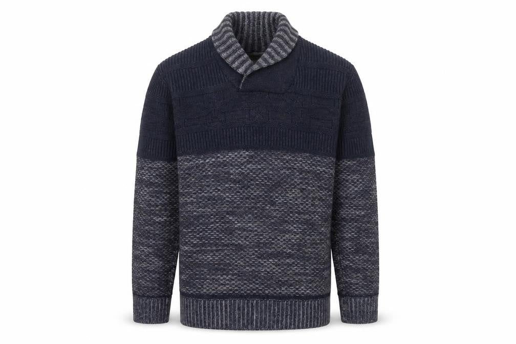 Front view of North Coast Men’s Blue Roll Neck Wool Blend Chunky Knit jumper M