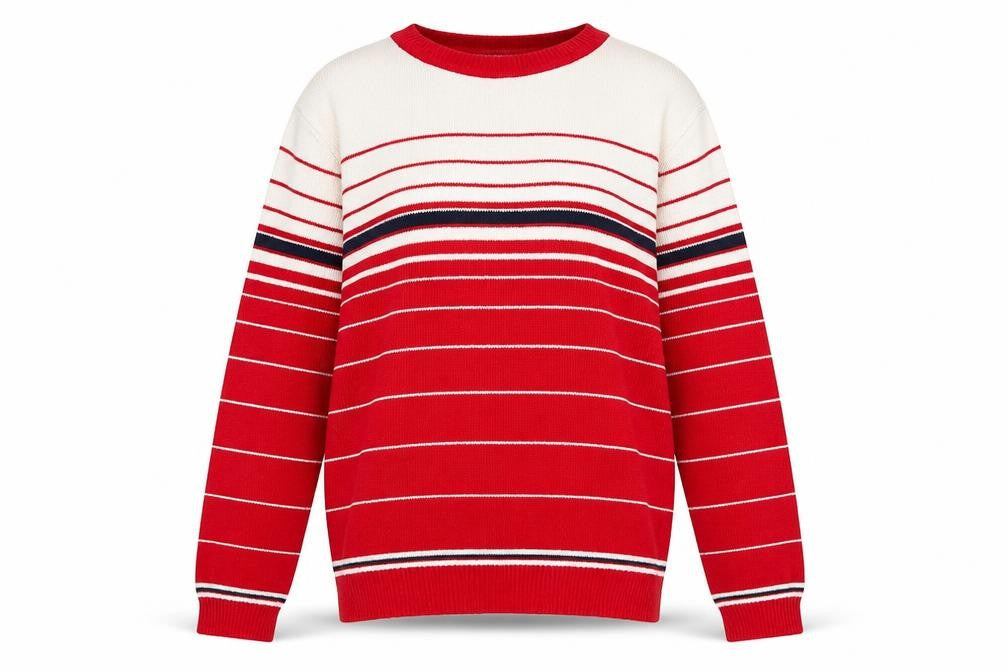 Front view of Majestic International women’s red striped crew neck jumper m