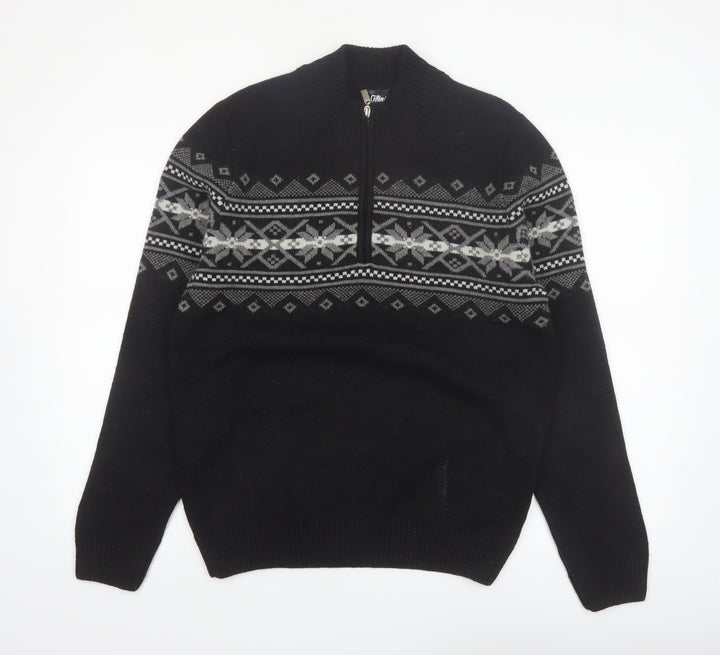 Cellini Men's Black Fair Isle Wool Blend 1/2 Zip Jumper M