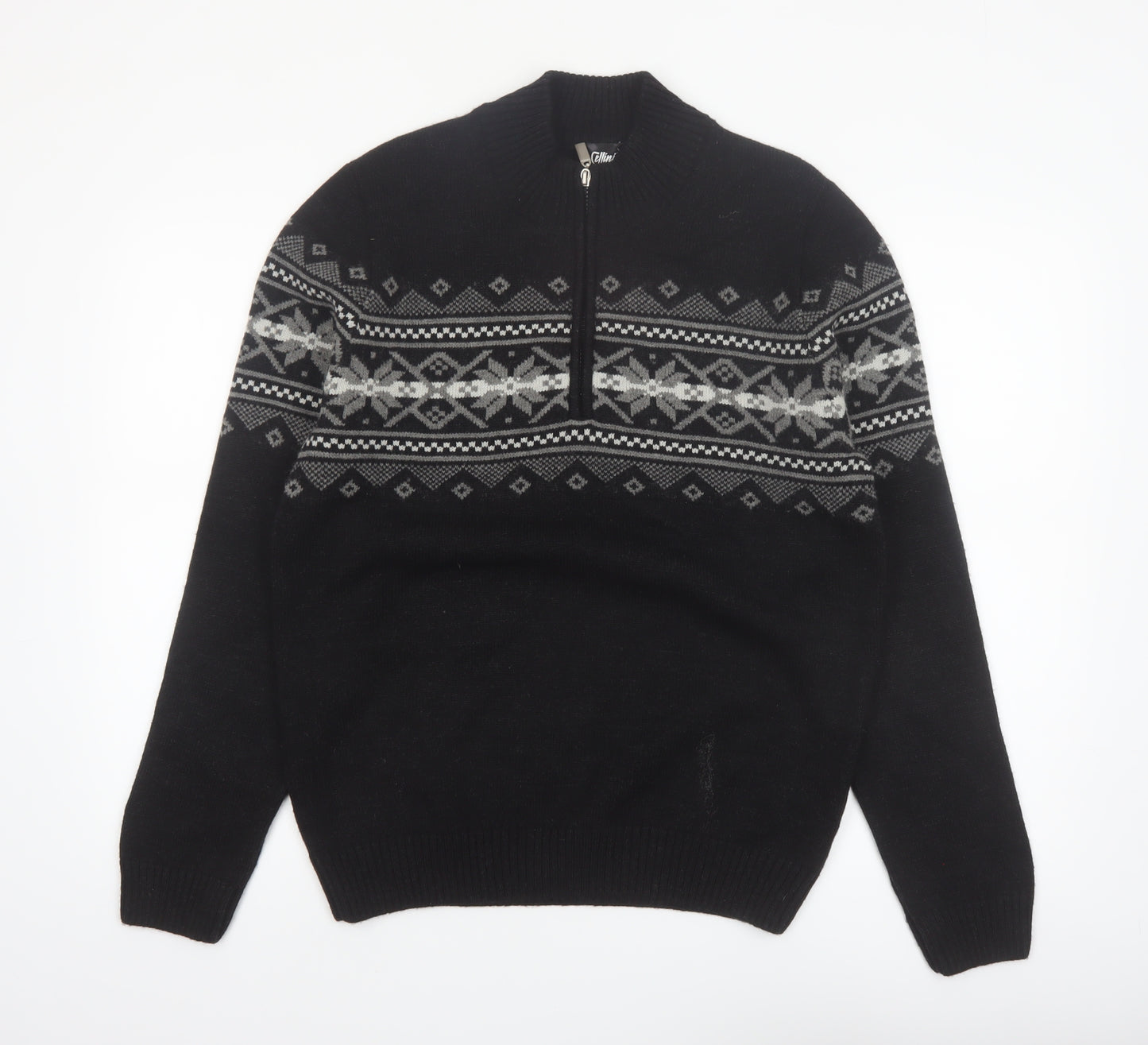 Cellini Men's Black Fair Isle Wool Blend 1/2 Zip Jumper M