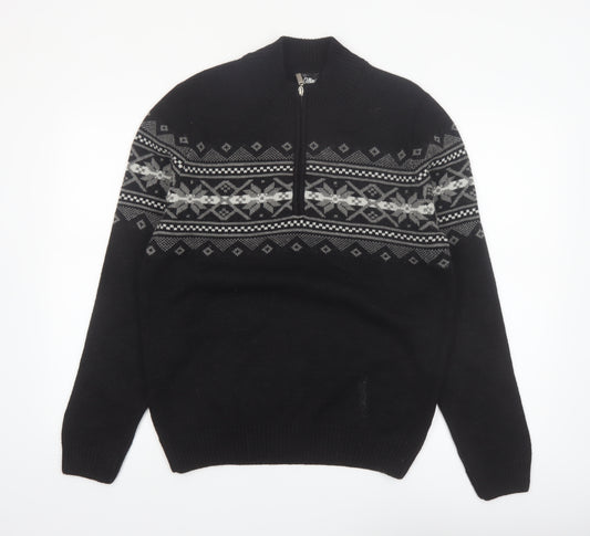 Cellini Men's Black Fair Isle Wool Blend 1/2 Zip Jumper M