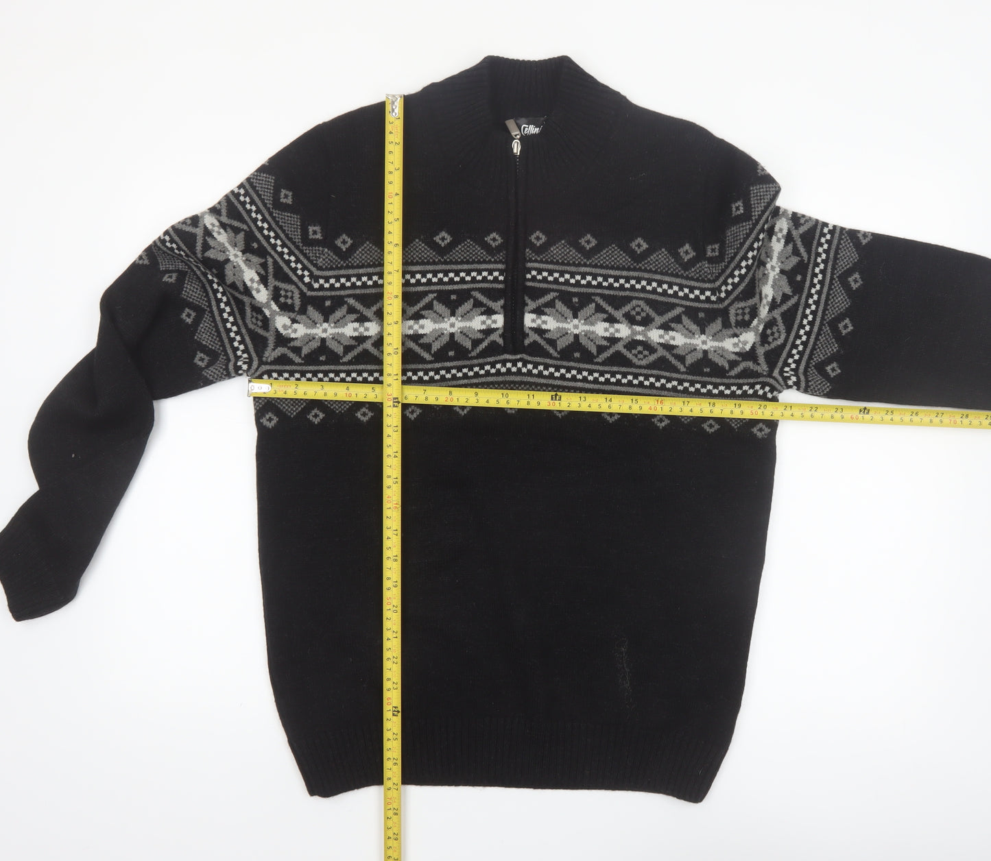 Cellini Men's Black Fair Isle Wool Blend 1/2 Zip Jumper M