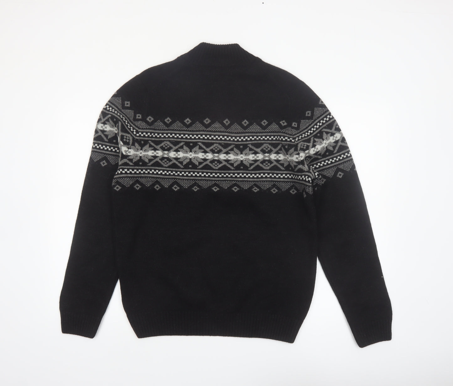 Cellini Men's Black Fair Isle Wool Blend 1/2 Zip Jumper M