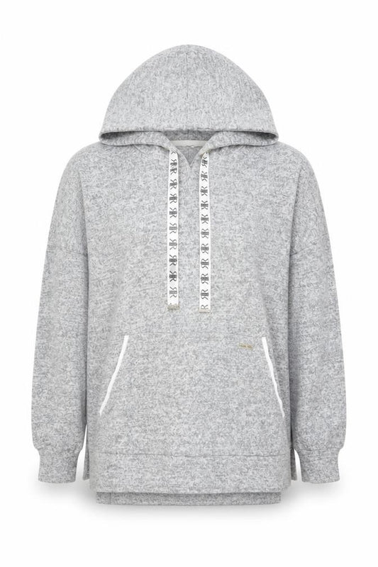 Front view of River Island women’s grey pullover hoodie, size S, with logo drawstring