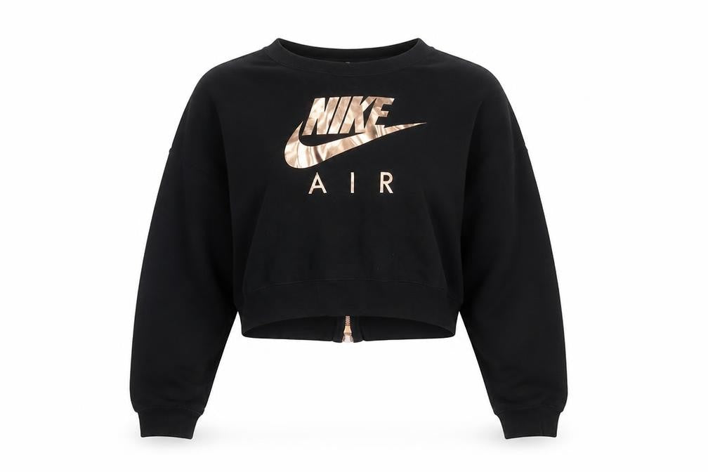 Front view of Nike Air Women's Black Cropped Sweatshirt M Full Zip Metallic Logo