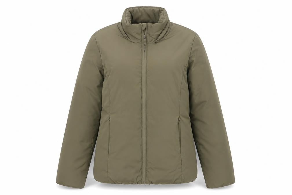 Front view of Oysho Women’s Green Puffer Jacket, size UK 8, Lightweight Full Zip
