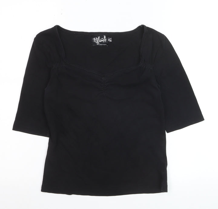 Hell Bunny Womens Black 3/4 Sleeve Cotton Elastane Basic Blouse UK 12