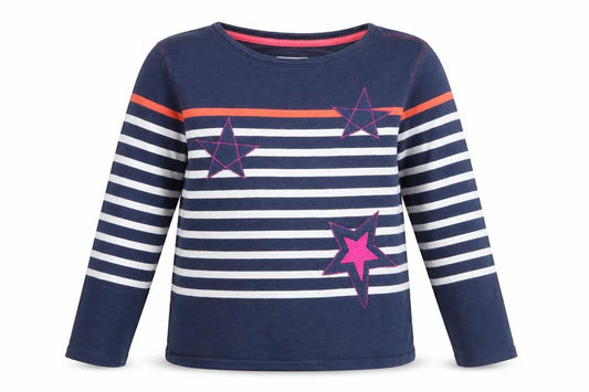 White Stuff Girls Blue Striped Long Sleeve Star T-Shirt 9-10 Years