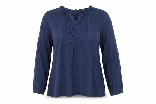 Front view of Wear Me With Love women’s blue cotton long sleeve tunic blouse, size UK 12