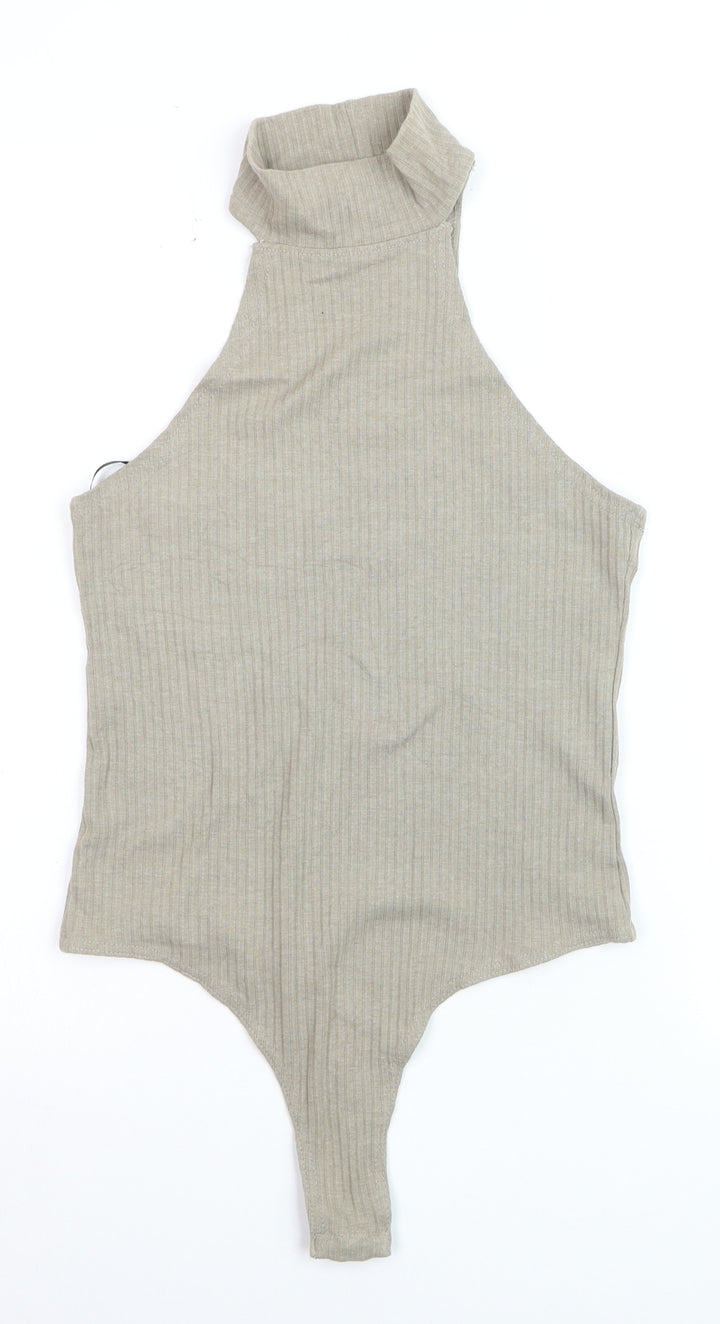 Missguided Women’s Beige High Neck Ribbed Bodysuit Size 12