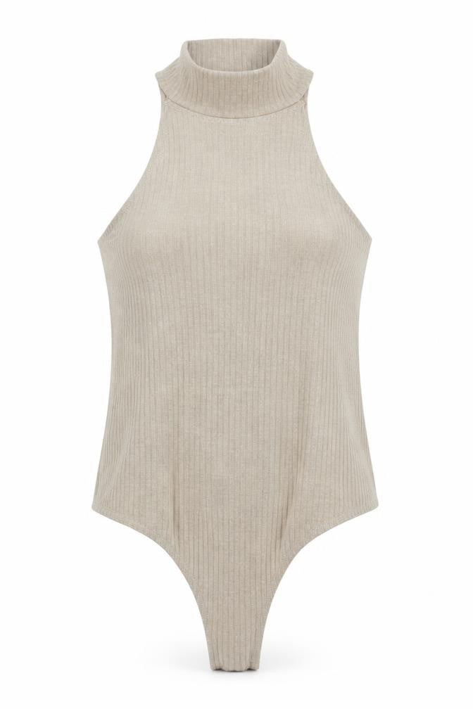 Missguided Women’s Beige High Neck Ribbed Bodysuit Size 12