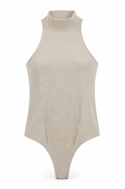Front view of Missguided Women’s Beige High Neck Ribbed Bodysuit, size UK 12