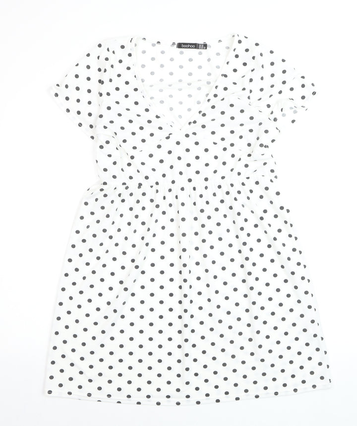 Boohoo Women’s White Polka Dot Wrap Dress Size 12 Short Sleeve