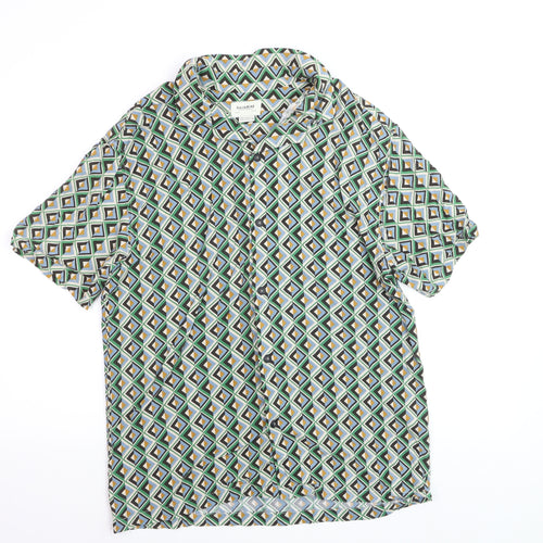 Pull & Bear Men's Multicoloured Geometric Short Sleeve Button-Up Shirt Size L