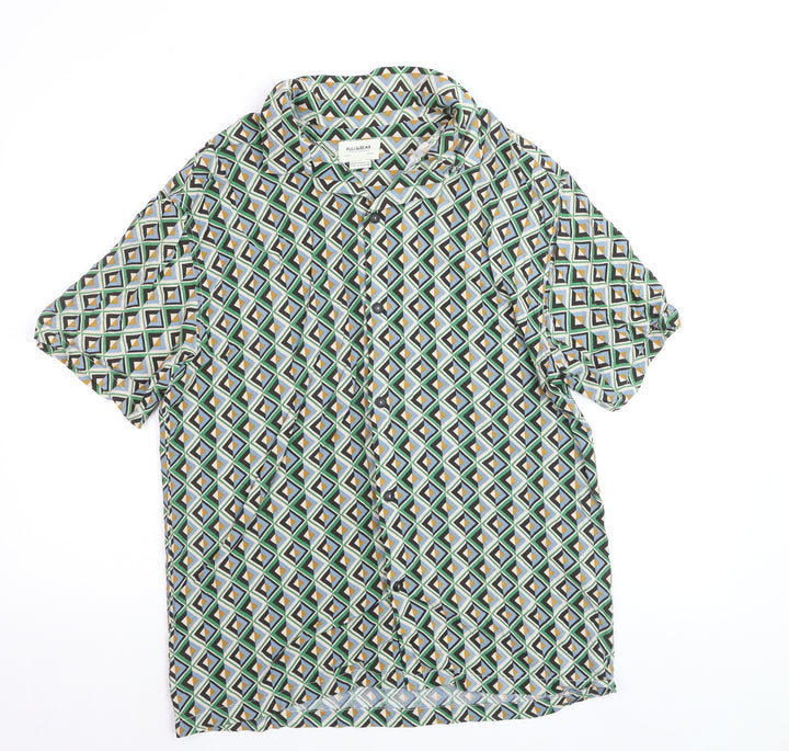 Pull & Bear Men's Multicoloured Geometric Short Sleeve Button-Up Shirt Size L