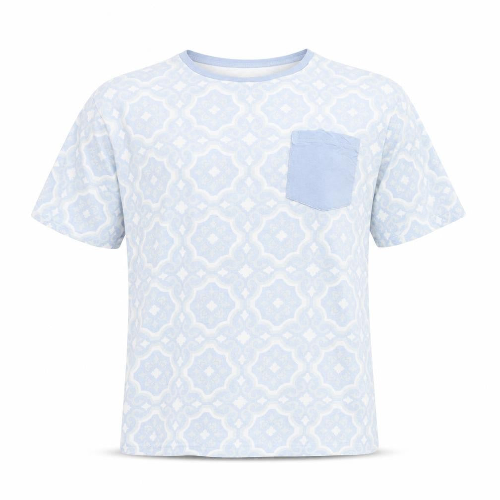 Soul Star Men's Blue Geometric Crew Neck Cotton T-Shirt Size L