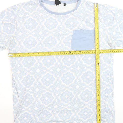 Soul Star Men's Blue Geometric Crew Neck Cotton T-Shirt Size L