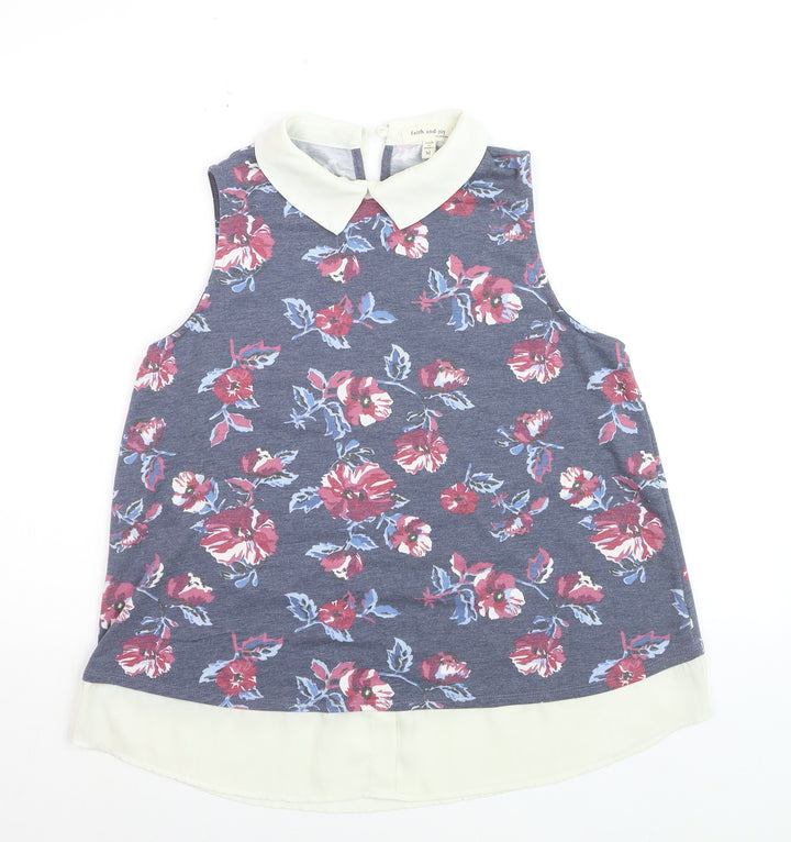 Faith and Joy Women’s Blue Floral Collared Sleeveless Blouse M