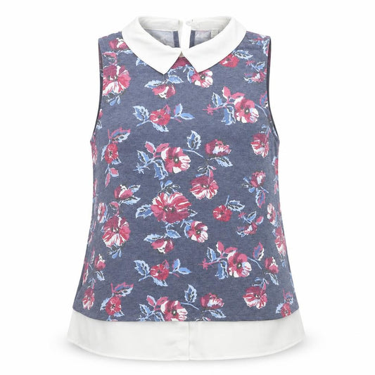 Front view of Faith and Joy Women’s Blue Floral Collared Sleeveless Blouse M