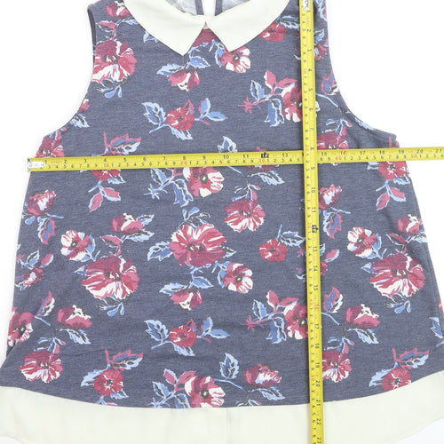 Faith and Joy Women’s Blue Floral Collared Sleeveless Blouse M