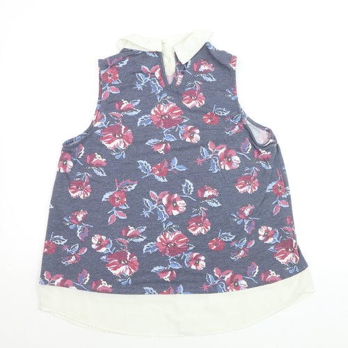 Faith and Joy Women’s Blue Floral Collared Sleeveless Blouse M