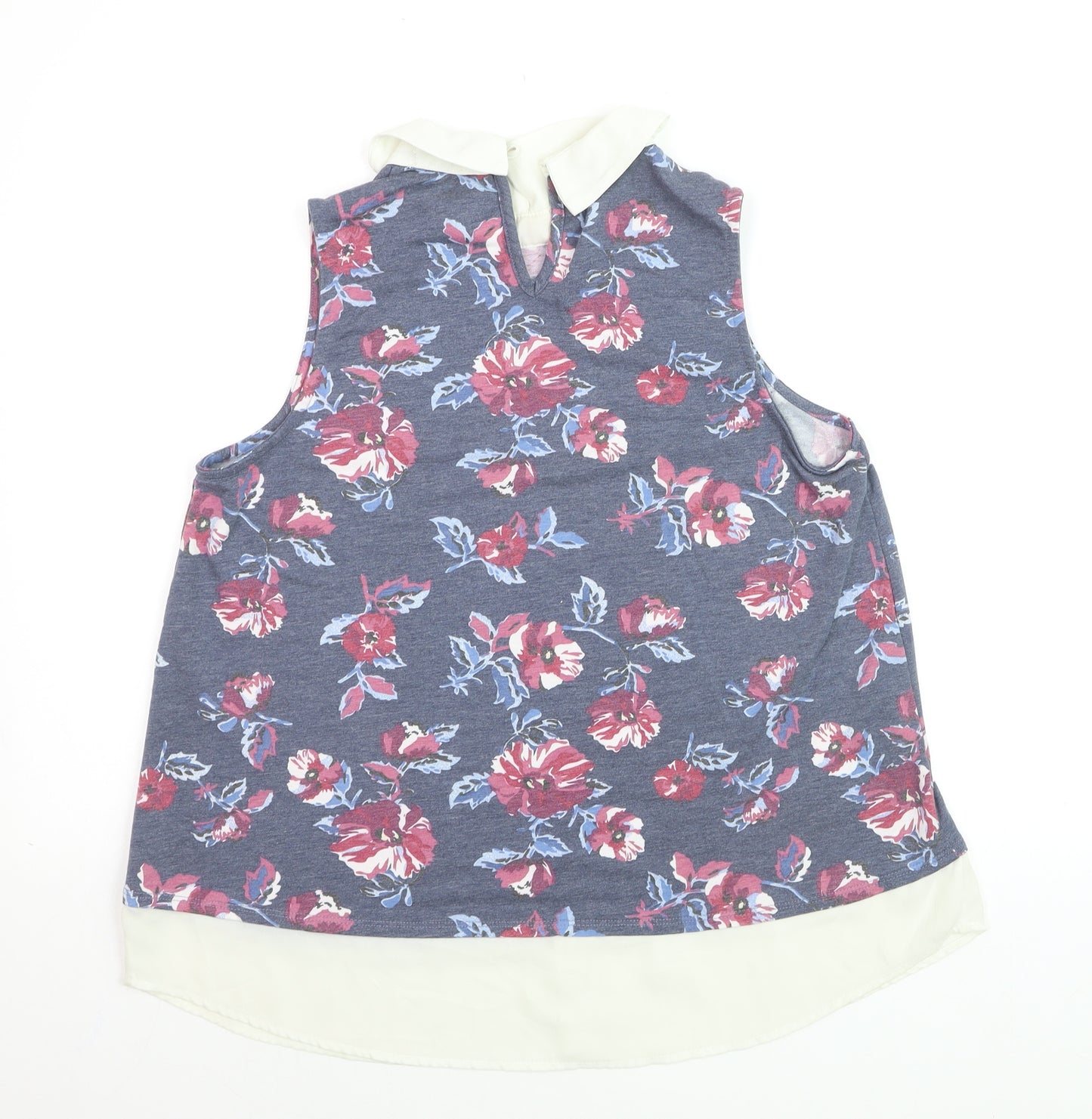 Faith and Joy Women’s Blue Floral Collared Sleeveless Blouse M