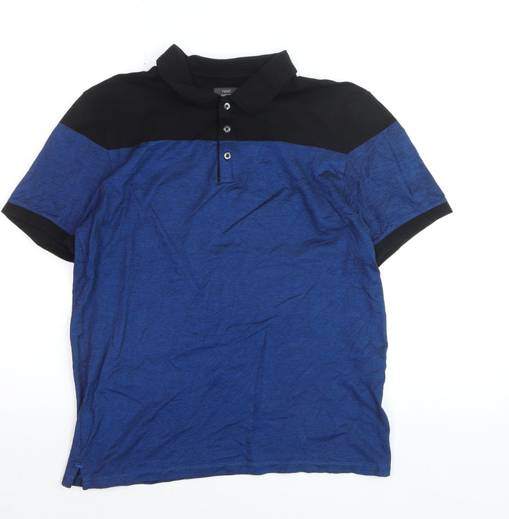 Next Men's Blue Black Colourblock Cotton Polo Shirt Size M