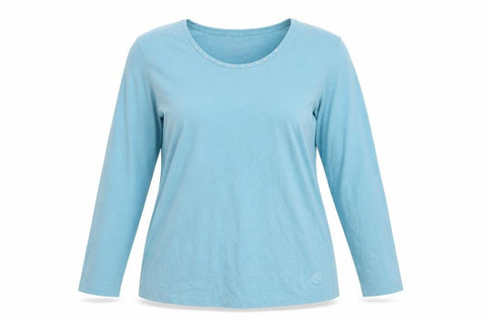 Front view of Linden women’s blue long sleeve scoop neck stretch t-shirt 2xl
