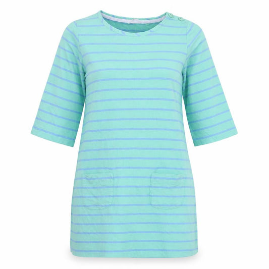 Front view of Boden Women’s Blue Striped Shift Dress, size UK 12, Cotton 3/4 Sleeve
